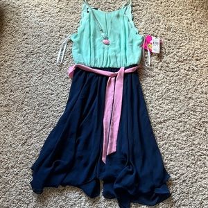 Girls I.N Studio girl New tank dress blue aqua pink necklace sz 10